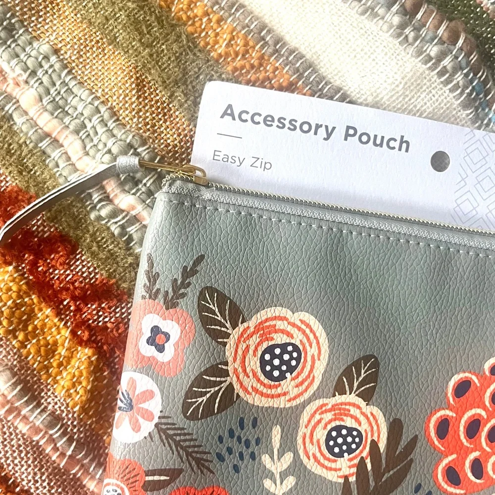 (home) 🏷️ caliber • gray faux leather red floral print pencil pouch